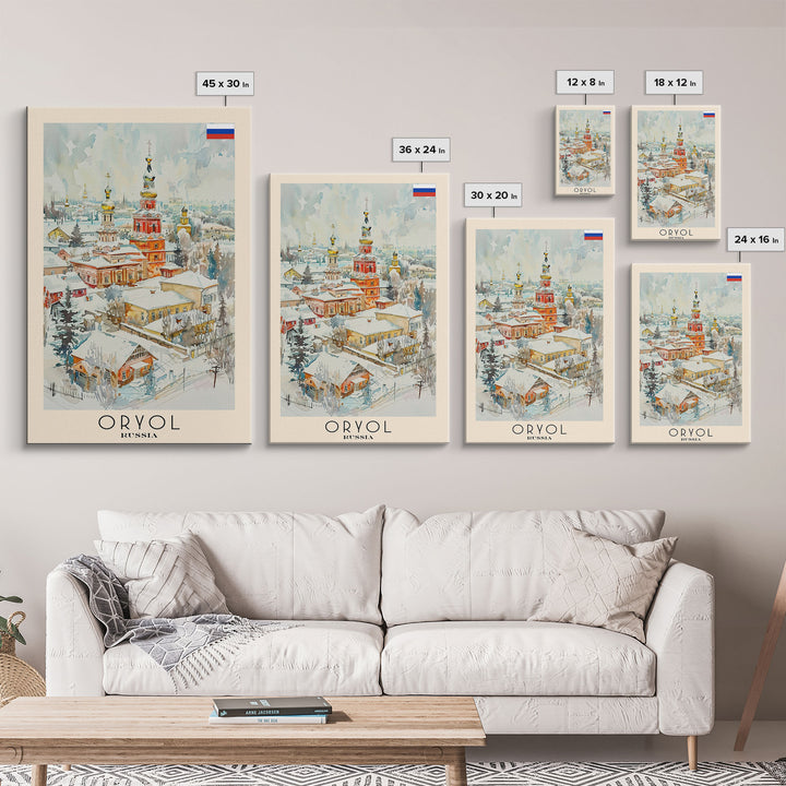Oryol Russia Travel Poster Framed Canvas Print, Watercolor Painting, Scenic Wall Art, Home Decor, Russian Landscape, Vintage Style