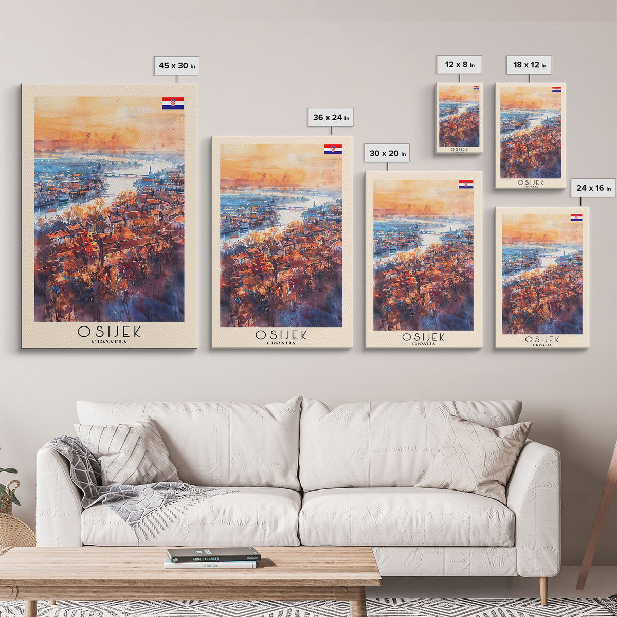 Osijek Croatia Travel Poster Framed Canvas Print, Watercolor Painting, Scenic Wall Art, Home Decor, Croatian Landscape, Rustic Art