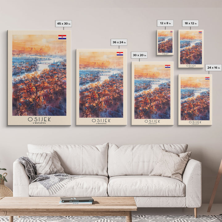 Osijek Croatia Travel Poster Framed Canvas Print, Watercolor Painting, Scenic Wall Art, Home Decor, Croatian Landscape, Rustic Art