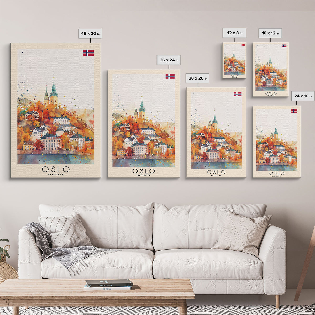 Oslo Norway Travel Poster Framed Canvas Print, Watercolor Painting, Scenic Wall Art, Home Decor, Norwegian Cityscape, Modern Decor