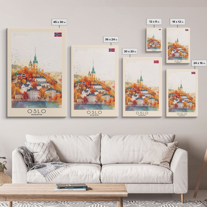 Oslo Norway Travel Poster Framed Canvas Print, Watercolor Painting, Scenic Wall Art, Home Decor, Norwegian Cityscape, Modern Decor