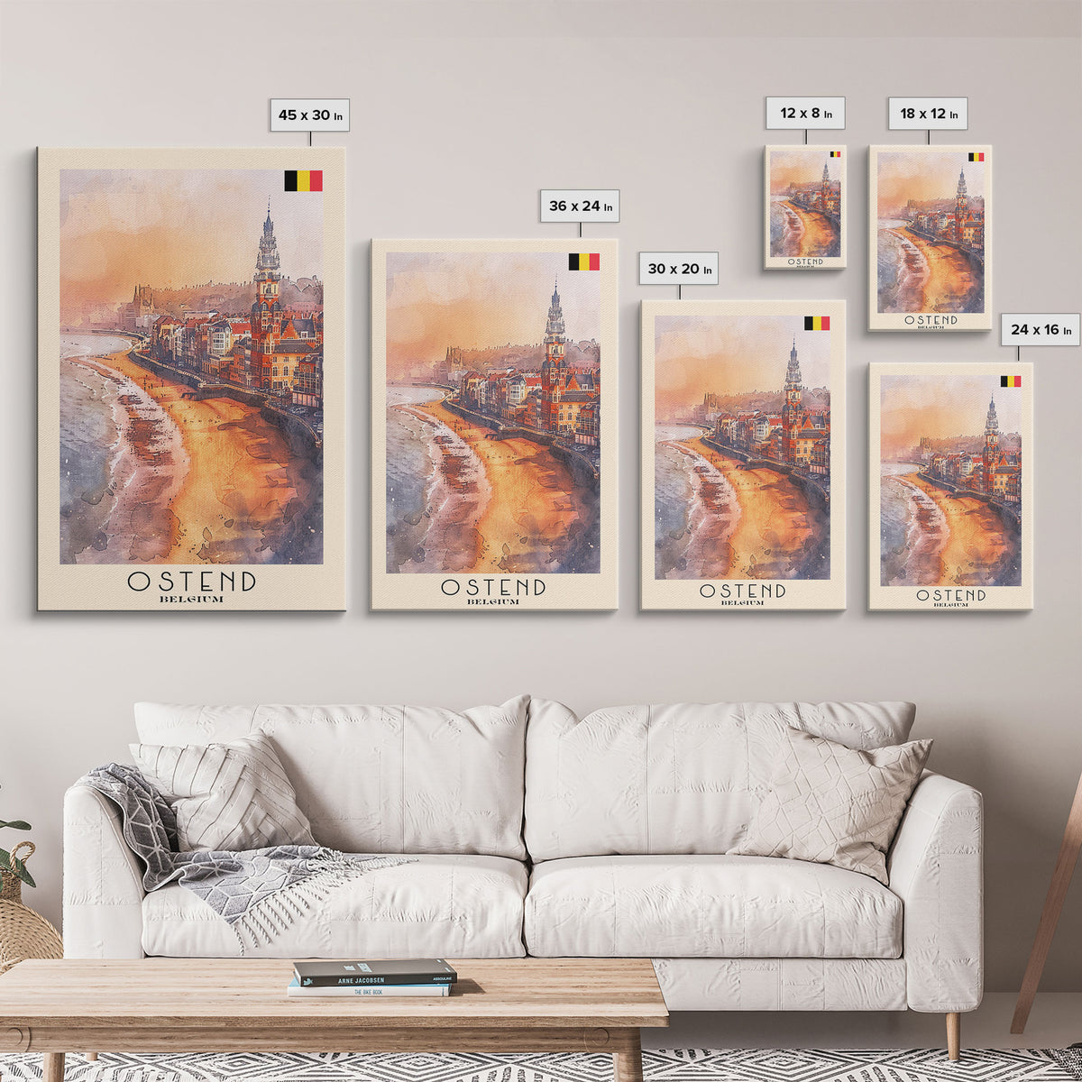 Ostend Belgium Travel Poster Framed Canvas Print, Watercolor Painting, Coastal Wall Art, Home Decor, Belgian Seaside, Vibrant Art