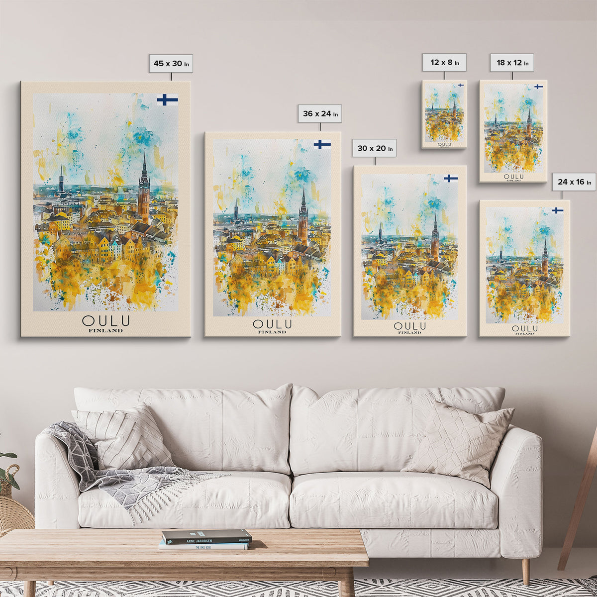 Oulu Finland Travel Poster Framed Canvas Print, Watercolor Painting, Scenic Wall Art, Home Decor, Finnish Landscape, Artistic Decor