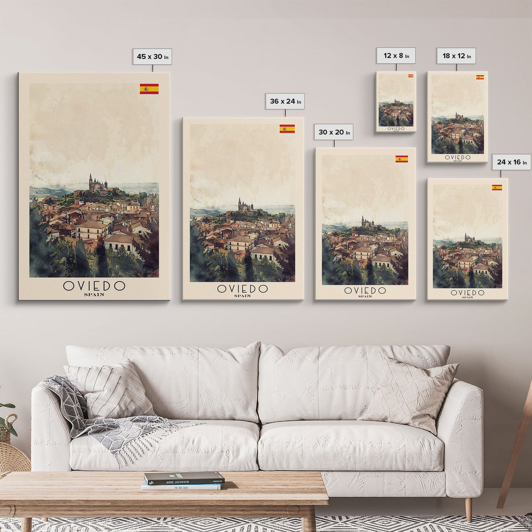 Oviedo Spain Travel Poster Framed Canvas Print, Watercolor Painting, Scenic Wall Art, Home Decor, Spanish Cityscape, Classic Art
