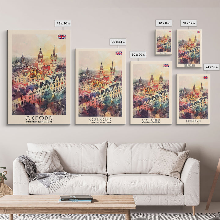 Oxford United Kingdom Travel Poster Framed Canvas Print, Watercolor Painting, Historic Wall Art, Home Decor, British Architecture, Artistic Decor
