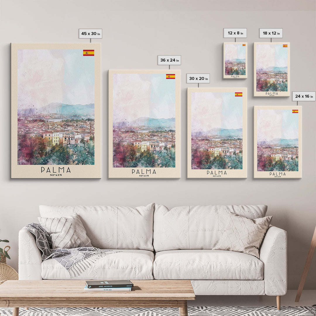 Palma Spain Travel Poster Framed Canvas Print, Watercolor Painting, Scenic Wall Art, Home Decor, Spanish Landscape, Minimalist Art