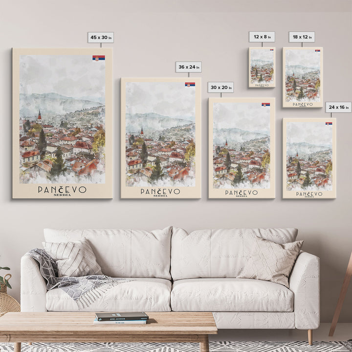 Panevo Serbia Travel Poster Framed Canvas Print, Watercolor Painting, Scenic Wall Art, Home Decor, Serbian Landscape, Modern Decor