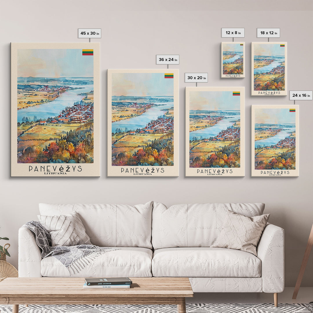 Panevys Lithuania Travel Poster Framed Canvas Print, Watercolor Painting, Scenic Wall Art, Home Decor, Lithuanian Cityscape, Artistic Decor