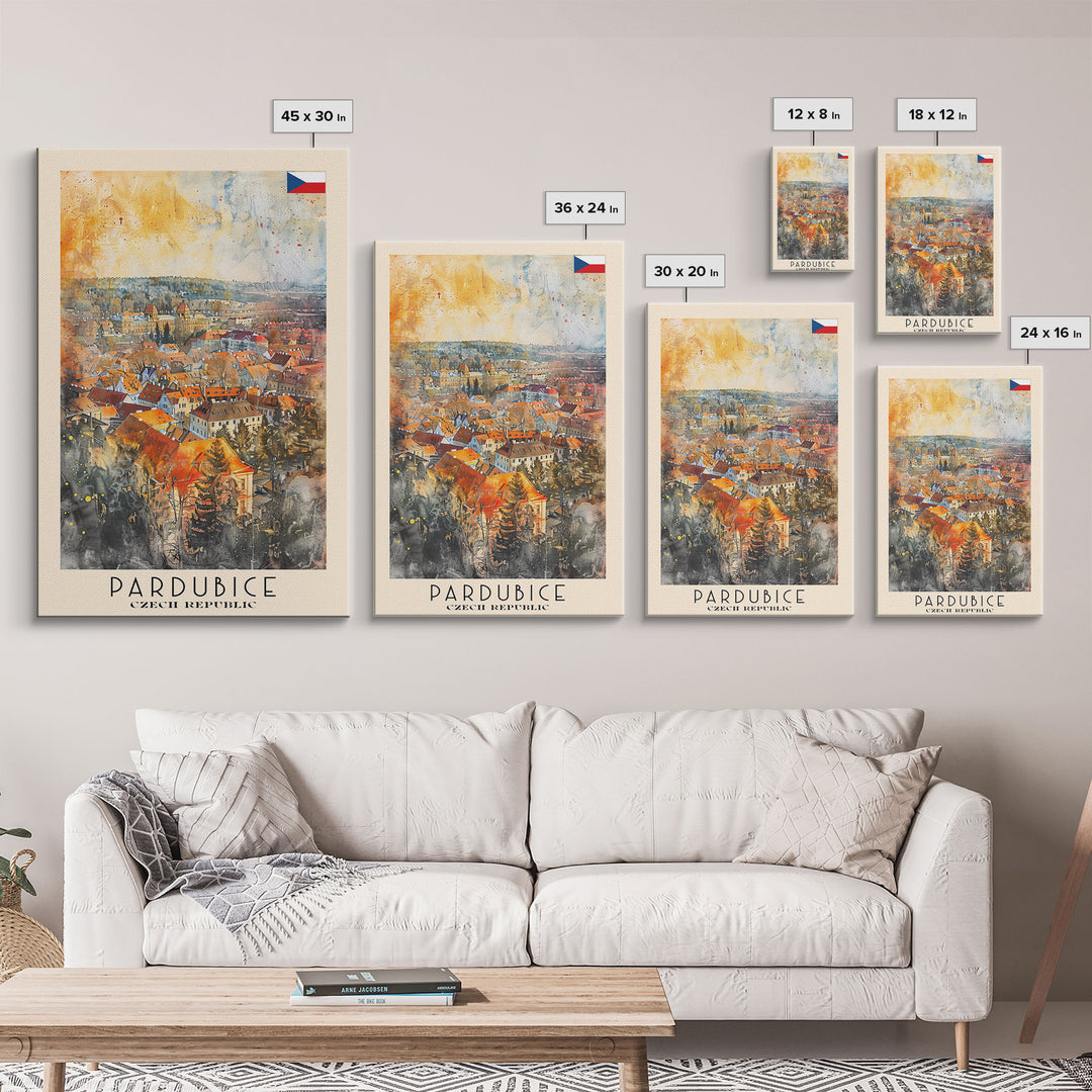 Pardubice Czech Travel Poster Framed Canvas Print, Watercolor Painting, Urban Wall Art, Home Decor, Czech Architecture, Vintage Style