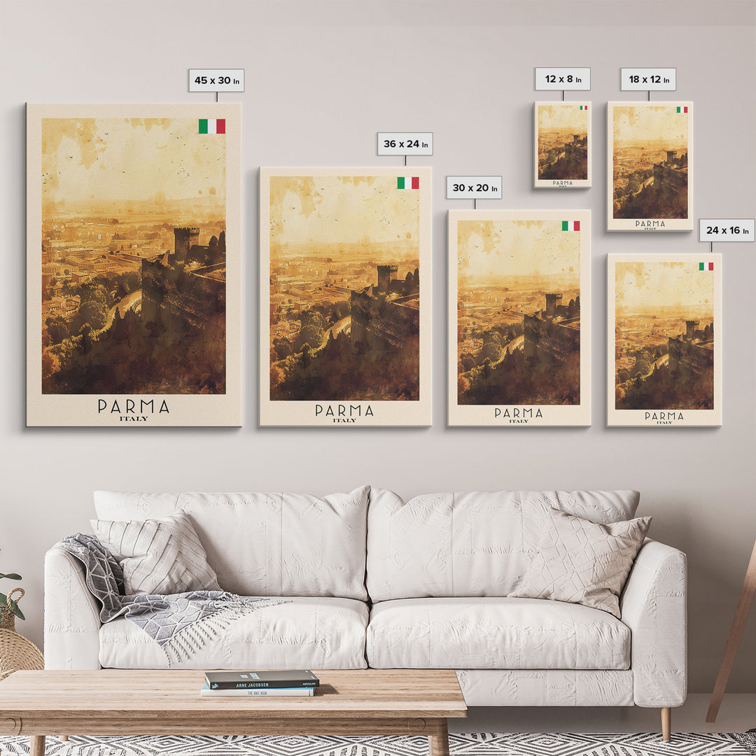Parma Italy Travel Poster Framed Canvas Print, Watercolor Painting, Scenic Wall Art, Home Decor, Italian Architecture, Modern Art