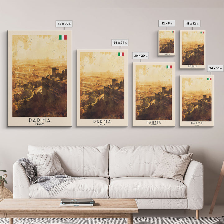 Parma Italy Travel Poster Framed Canvas Print, Watercolor Painting, Scenic Wall Art, Home Decor, Italian Architecture, Modern Art