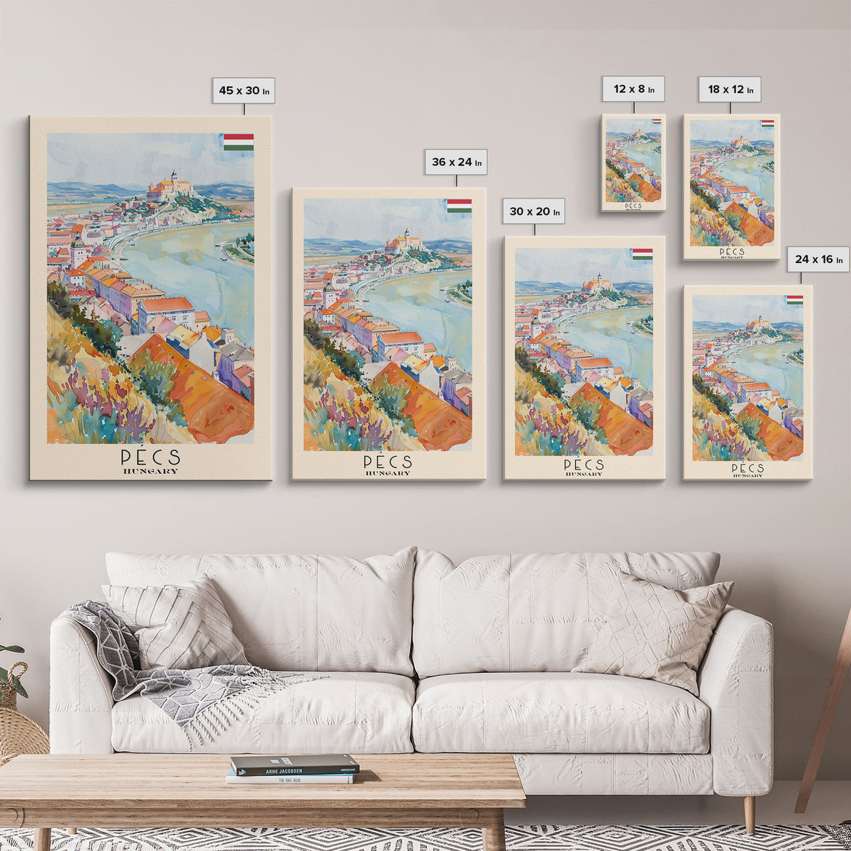 Pecs Hungary Travel Poster Framed Canvas Print, Watercolor Painting, Scenic Wall Art, Home Decor, Hungarian Cityscape, Minimalist Art
