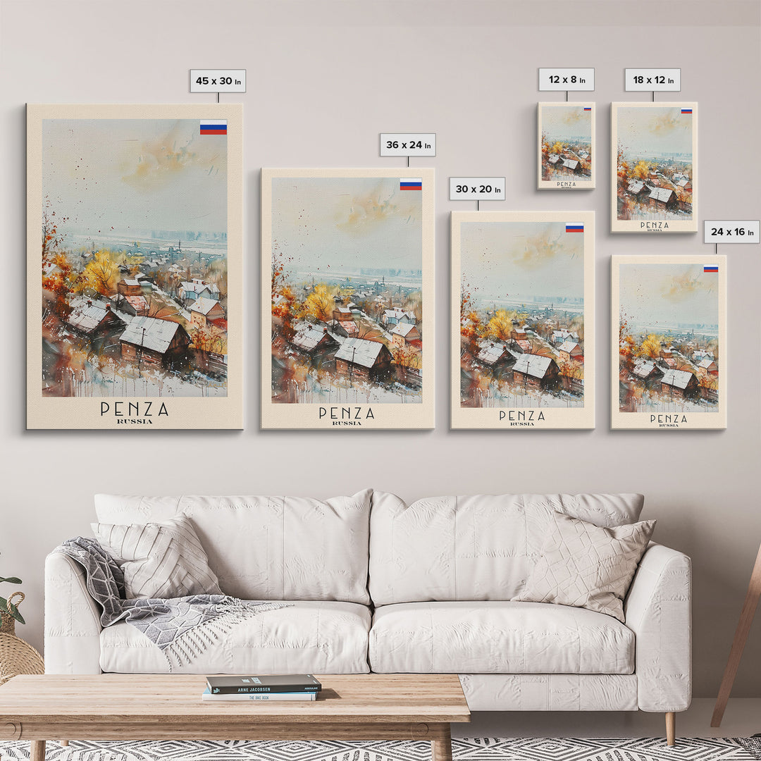 Penza Russia Travel Poster Framed Canvas Print, Watercolor Painting, Urban Wall Art, Home Decor, Russian Cityscape, Contemporary Art