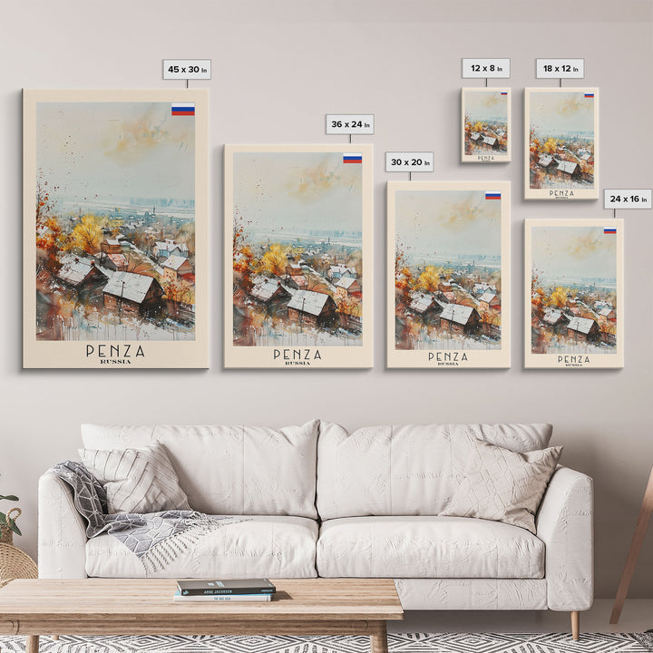 Penza Russia Travel Poster Framed Canvas Print, Watercolor Painting, Urban Wall Art, Home Decor, Russian Cityscape, Contemporary Art