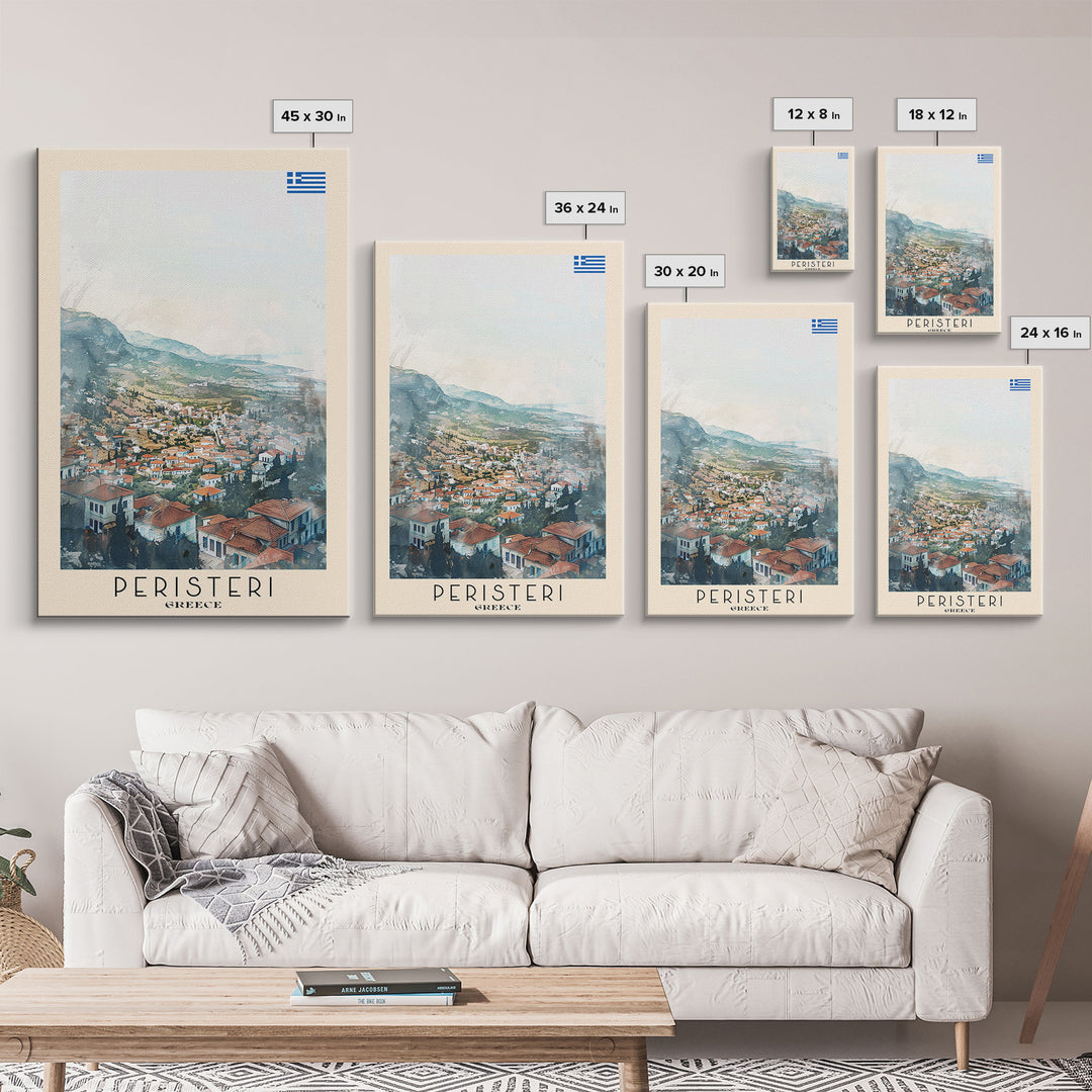 Peristeri Greece Travel Poster Framed Canvas Print, Watercolor Painting, Scenic Wall Art, Home Decor, Greek Landscape, Classic Art