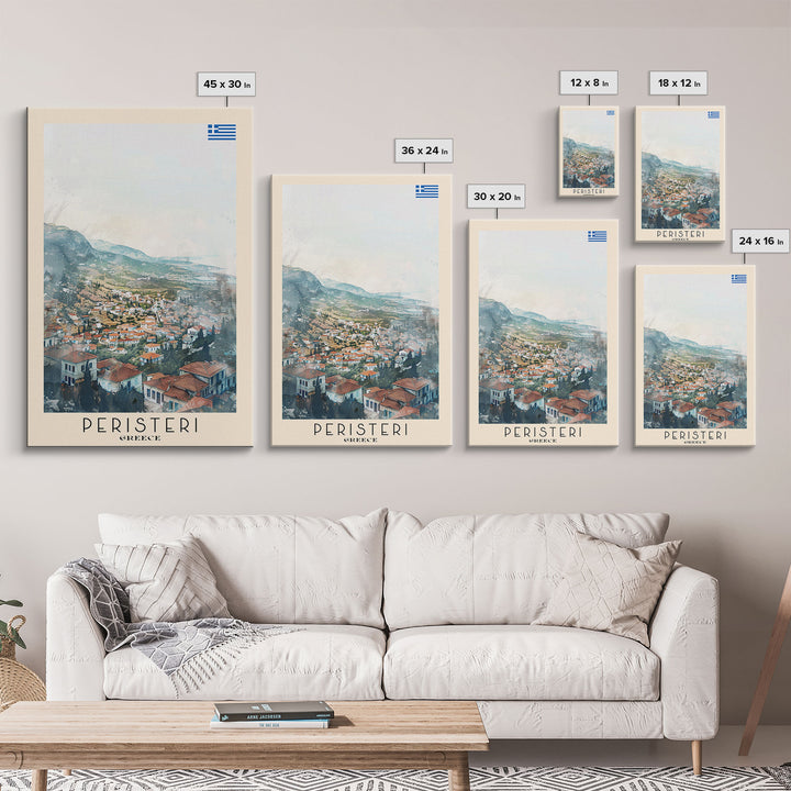 Peristeri Greece Travel Poster Framed Canvas Print, Watercolor Painting, Scenic Wall Art, Home Decor, Greek Landscape, Classic Art