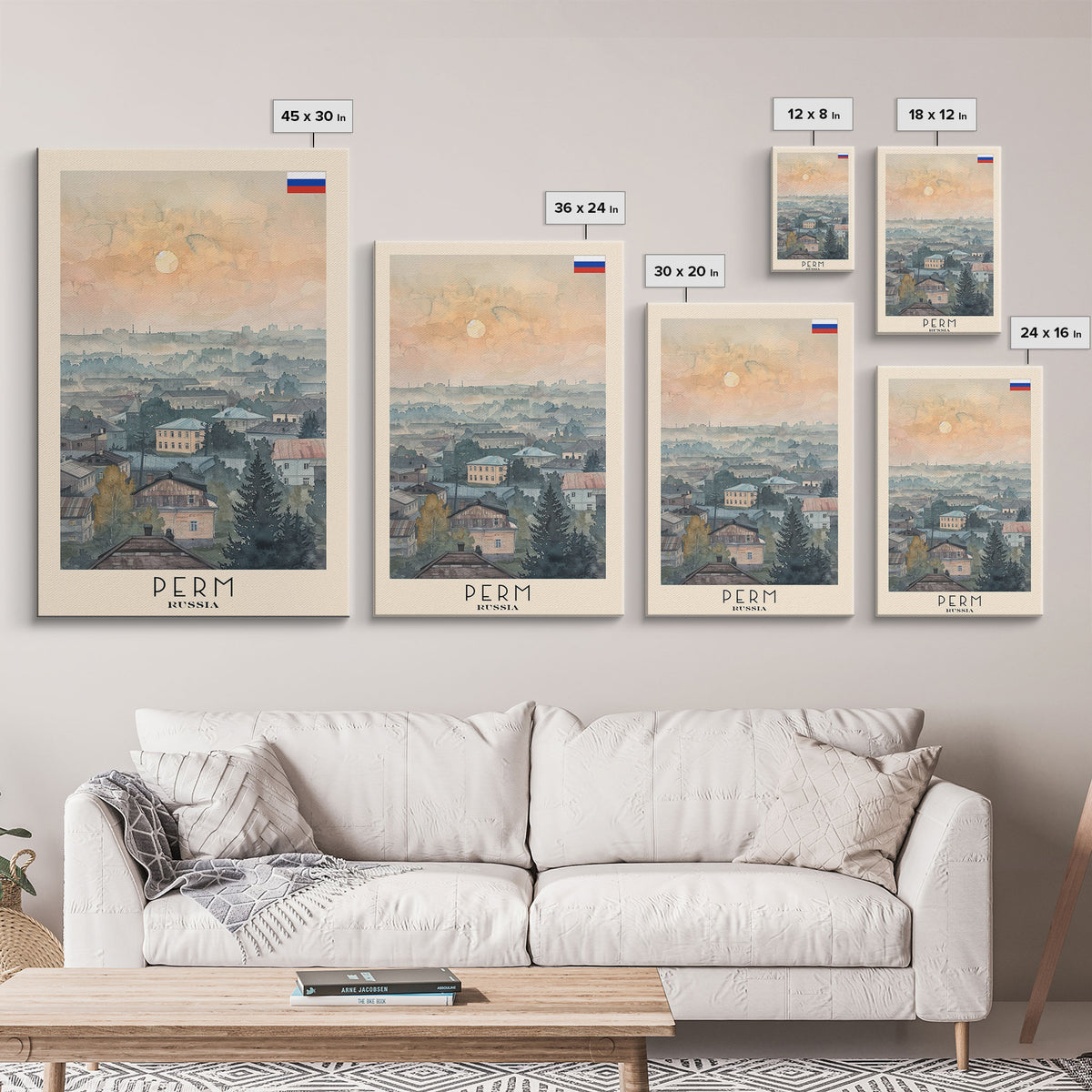 Perm Russia Travel Poster Framed Canvas Print, Watercolor Painting, Scenic Wall Art, Home Decor, Russian Landscape, Urban Art