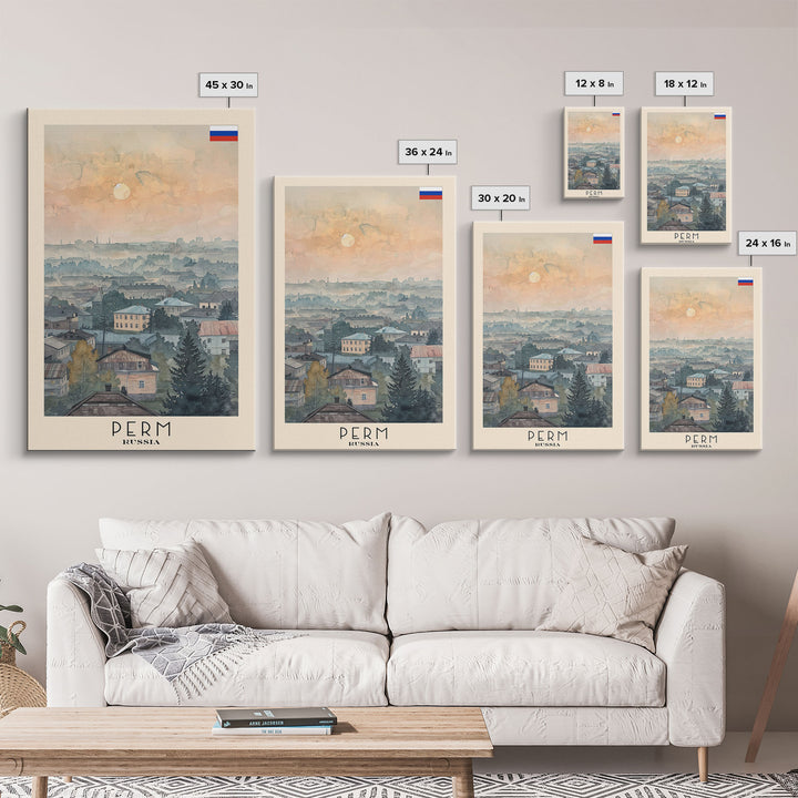 Perm Russia Travel Poster Framed Canvas Print, Watercolor Painting, Scenic Wall Art, Home Decor, Russian Landscape, Urban Art