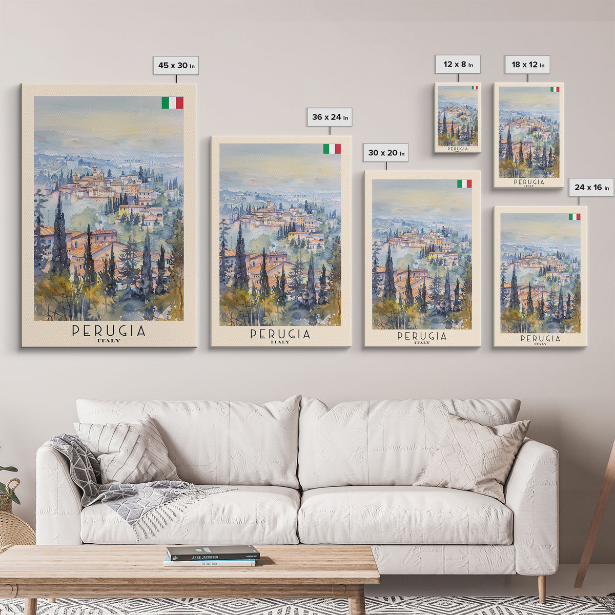 Perugia Italy Travel Poster Framed Canvas Print, Watercolor Painting, Scenic Wall Art, Home Decor, Italian Cityscape, Classic Art