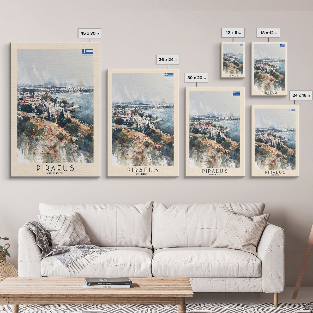 Piraeus Greece Travel Poster Framed Canvas Print, Watercolor Painting, Coastal Wall Art, Home Decor, Greek Seaside, Vibrant Art