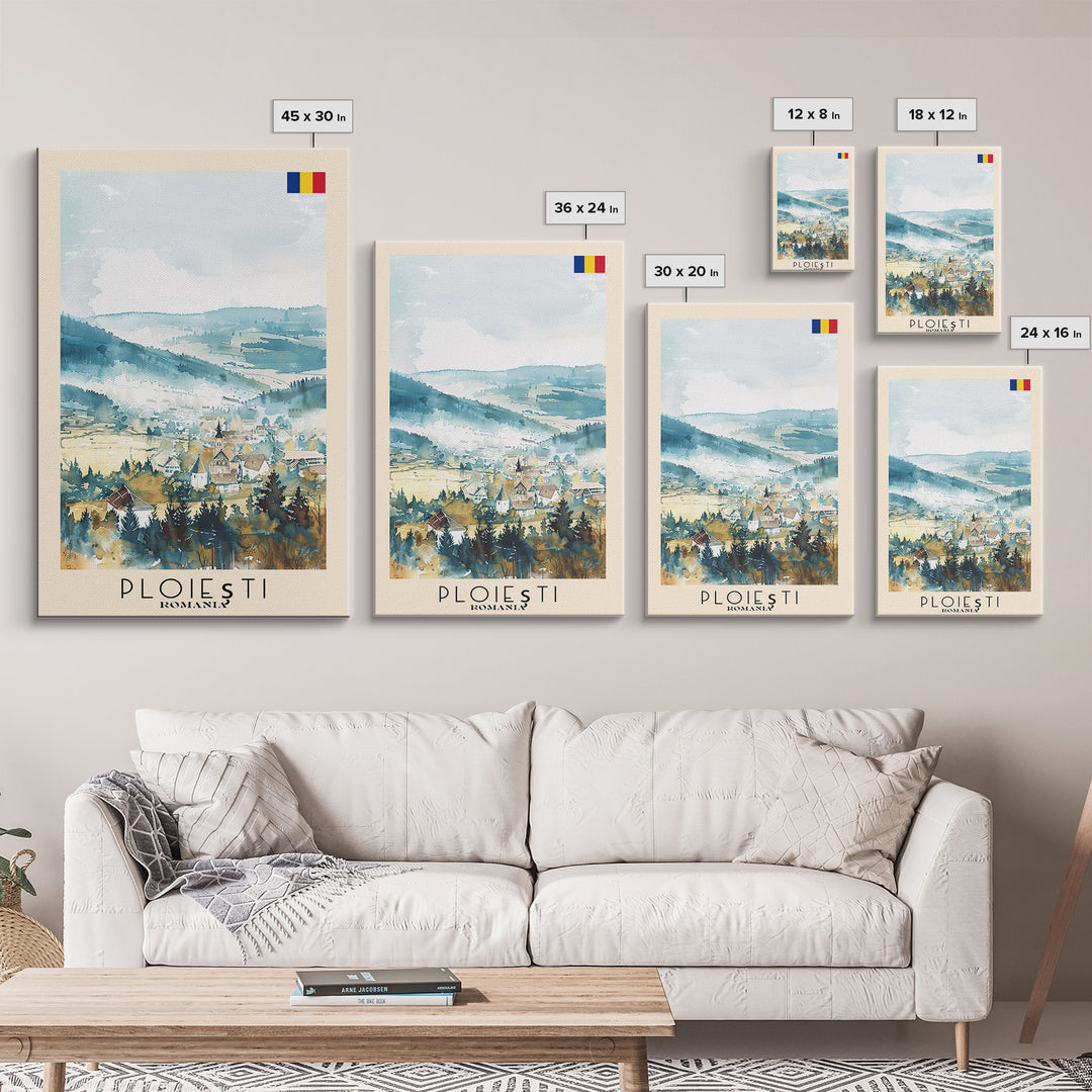 Ploiesti Romania Travel Poster Framed Canvas Print, Watercolor Painting, Scenic Wall Art, Home Decor, Romanian Landscape, Artistic Decor