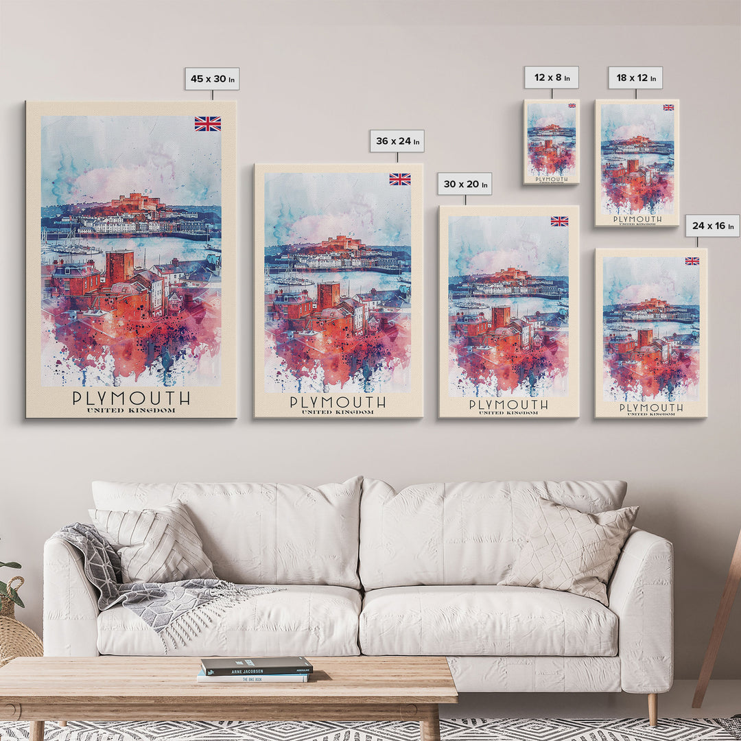 Plymouth United Kingdom Travel Poster Framed Canvas Print, Watercolor Painting, Coastal Wall Art, Home Decor, British Seaside, Modern Decor