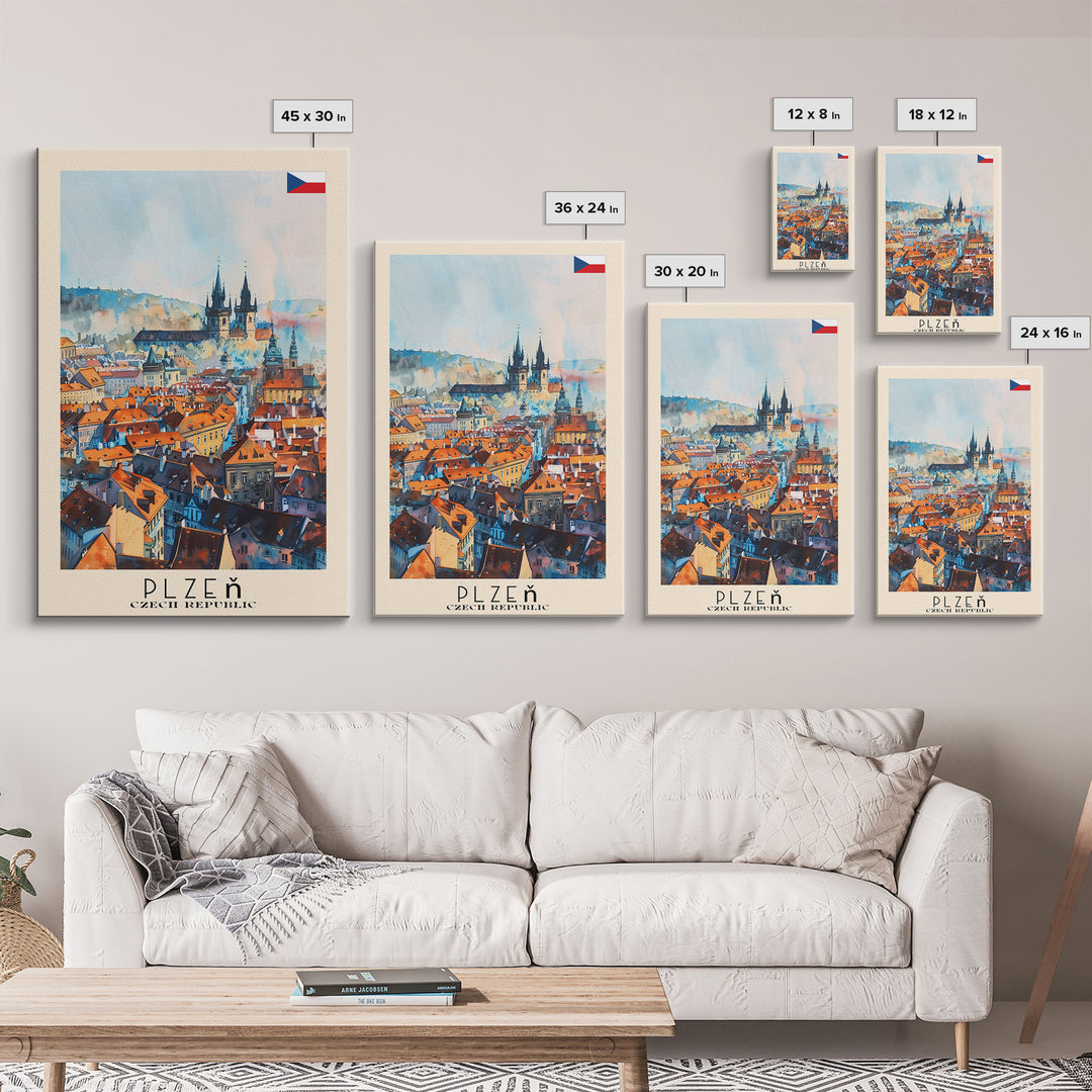 Plzen Czech Republic Travel Poster Framed Canvas Print, Watercolor Painting, Scenic Wall Art, Home Decor, Czech Cityscape, Modern Decor