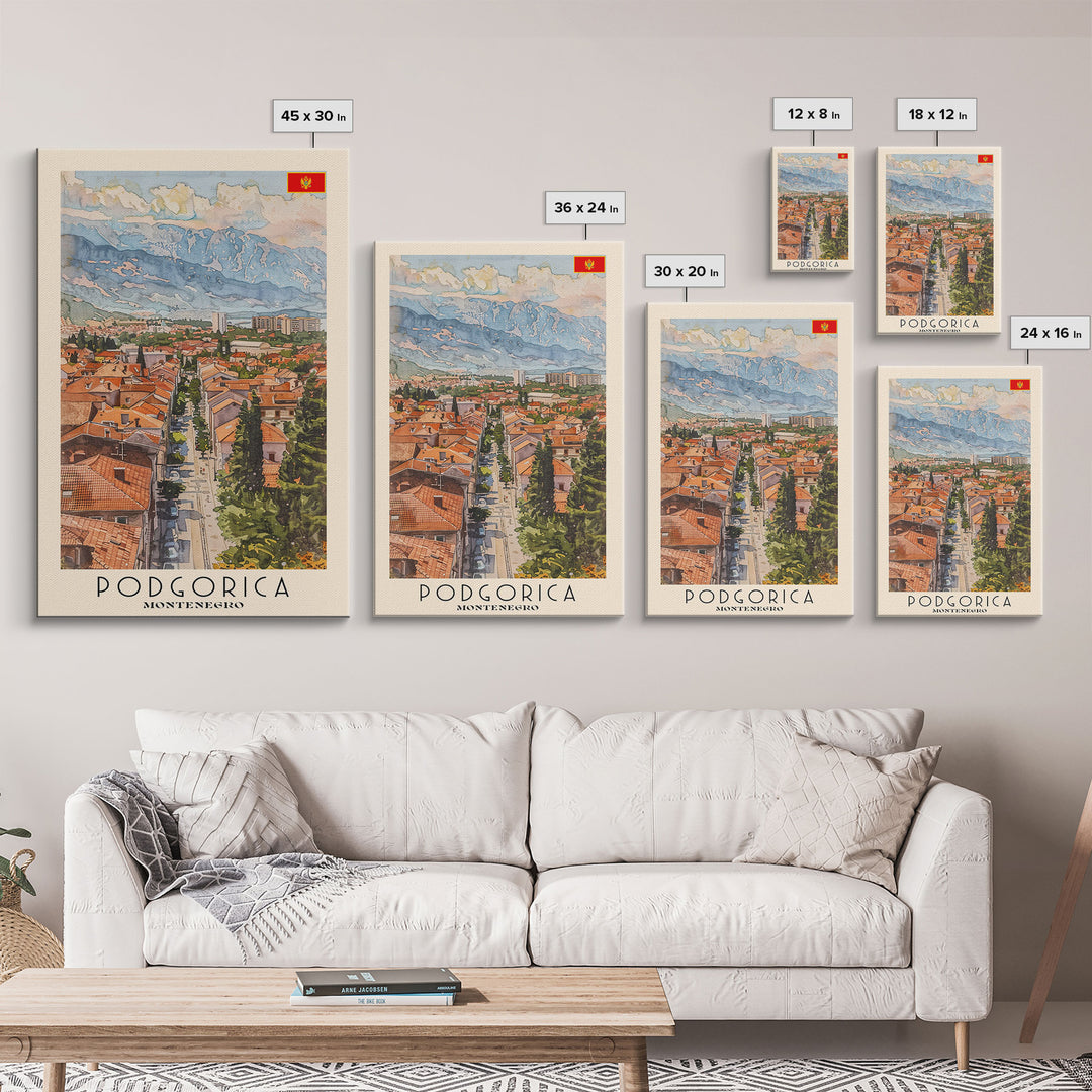 Podgorica Montenegro Travel Poster Framed Canvas Print, Watercolor Painting, Scenic Wall Art, Home Decor, Montenegrin Landscape, Artistic Decor