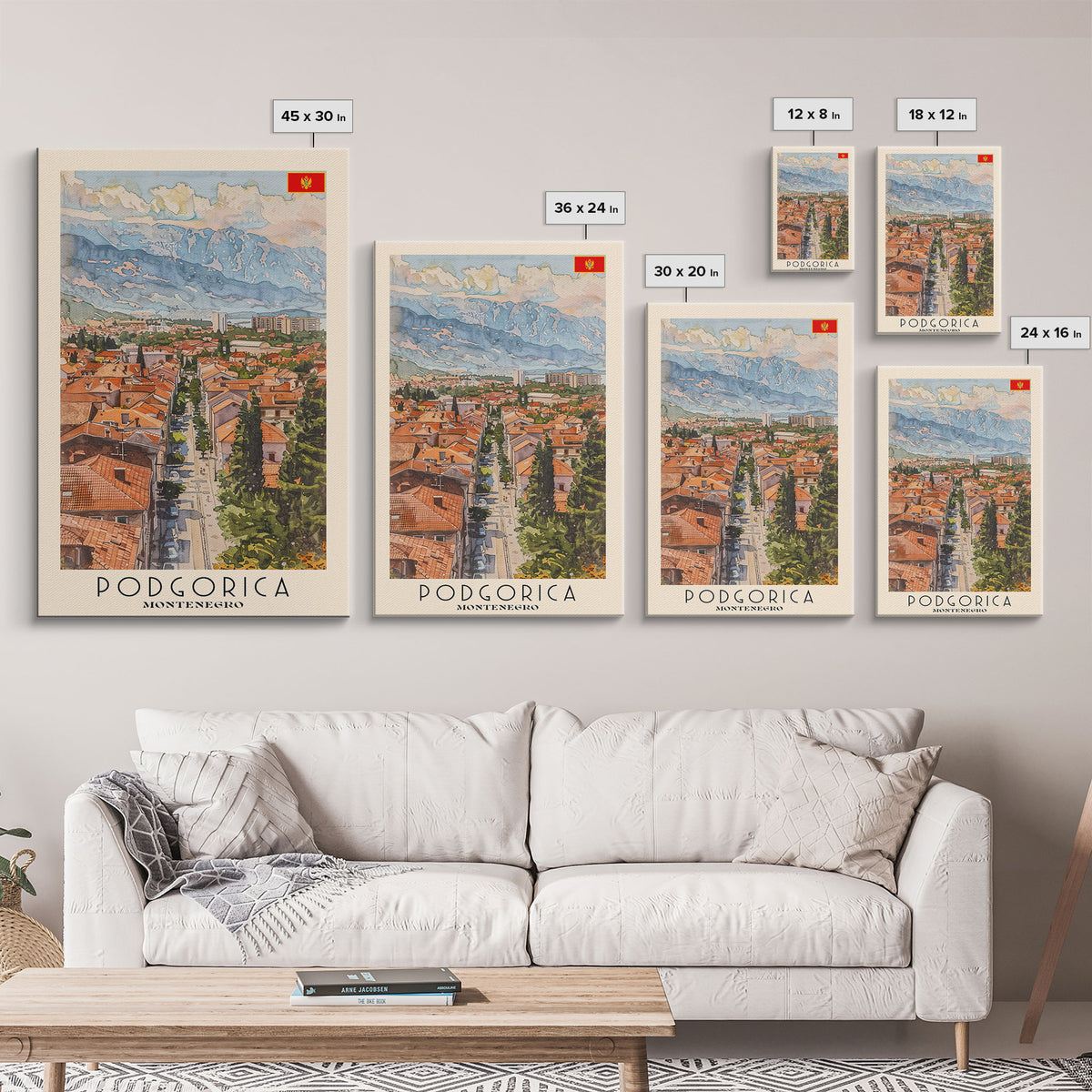 Podgorica Montenegro Travel Poster Framed Canvas Print, Watercolor Painting, Scenic Wall Art, Home Decor, Montenegrin Landscape, Artistic Decor