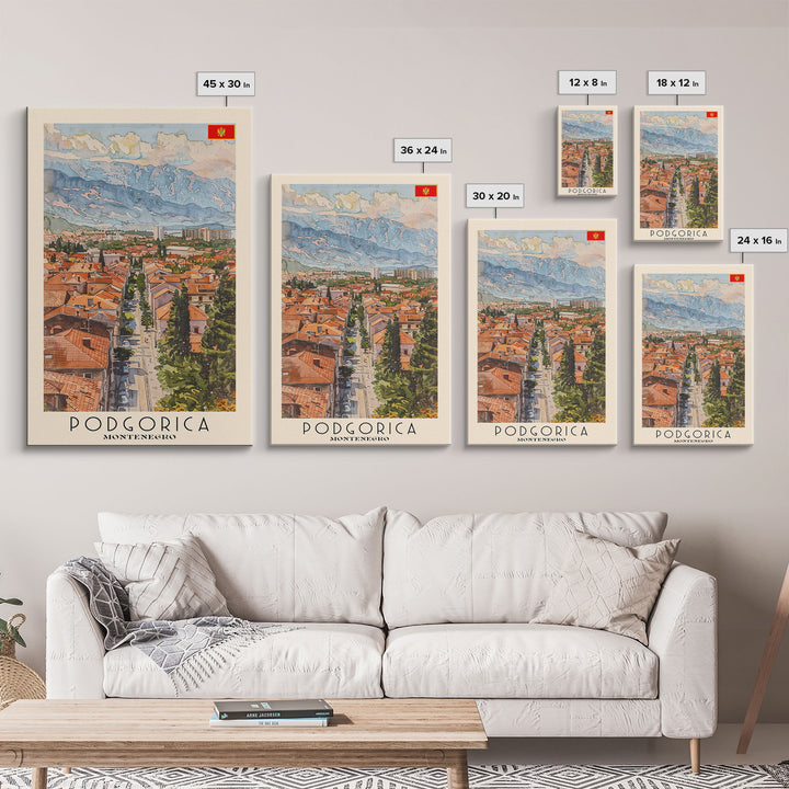 Podgorica Montenegro Travel Poster Framed Canvas Print, Watercolor Painting, Scenic Wall Art, Home Decor, Montenegrin Landscape, Artistic Decor