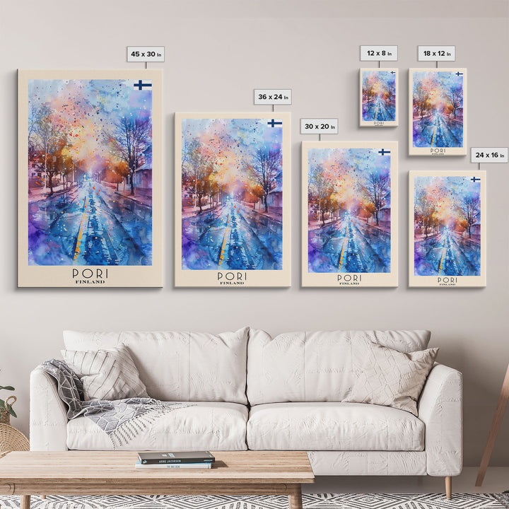 Pori Finland Travel Poster Framed Canvas Print, Watercolor Painting, Scenic Wall Art, Home Decor, Finnish Seaside, Minimalist Art