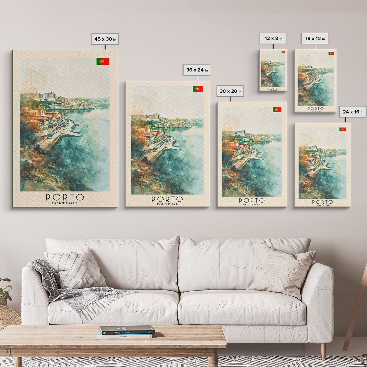 Porto Portugal Travel Poster Framed Canvas Print, Watercolor Painting, Coastal Wall Art, Home Decor, Portuguese Seaside, Vibrant Art