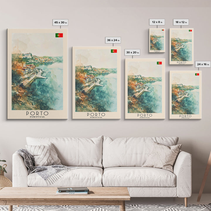 Porto Portugal Travel Poster Framed Canvas Print, Watercolor Painting, Coastal Wall Art, Home Decor, Portuguese Seaside, Vibrant Art