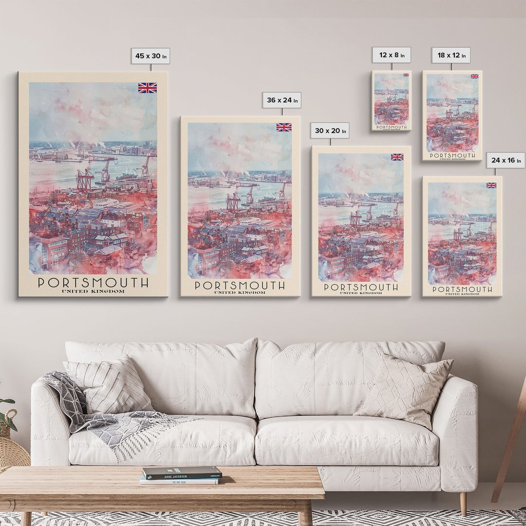 Portsmouth United Kingdom Travel Poster Framed Canvas Print, Watercolor Painting, Coastal Wall Art, Home Decor, British Seaside, Modern Art