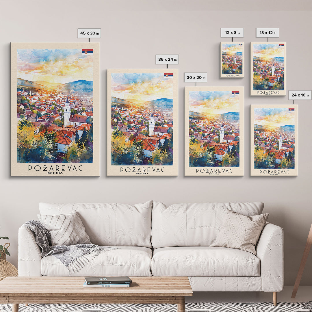 Pozega Serbia Travel Poster Framed Canvas Print, Watercolor Painting, Scenic Wall Art, Home Decor, Serbian Landscape, Classic Art