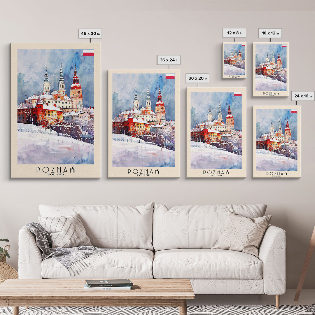 Poznan Poland Travel Poster Framed Canvas Print, Watercolor Painting, Scenic Wall Art, Home Decor, Polish Cityscape, Modern Art