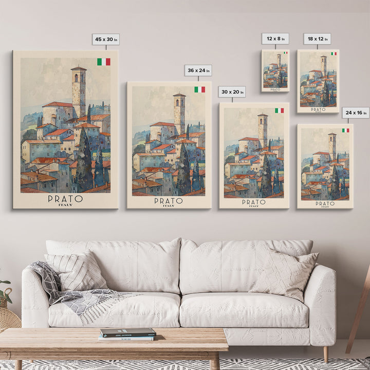 Prato Italy Travel Poster Framed Canvas Print, Watercolor Painting, Scenic Wall Art, Home Decor, Italian Landscape, Vibrant Art