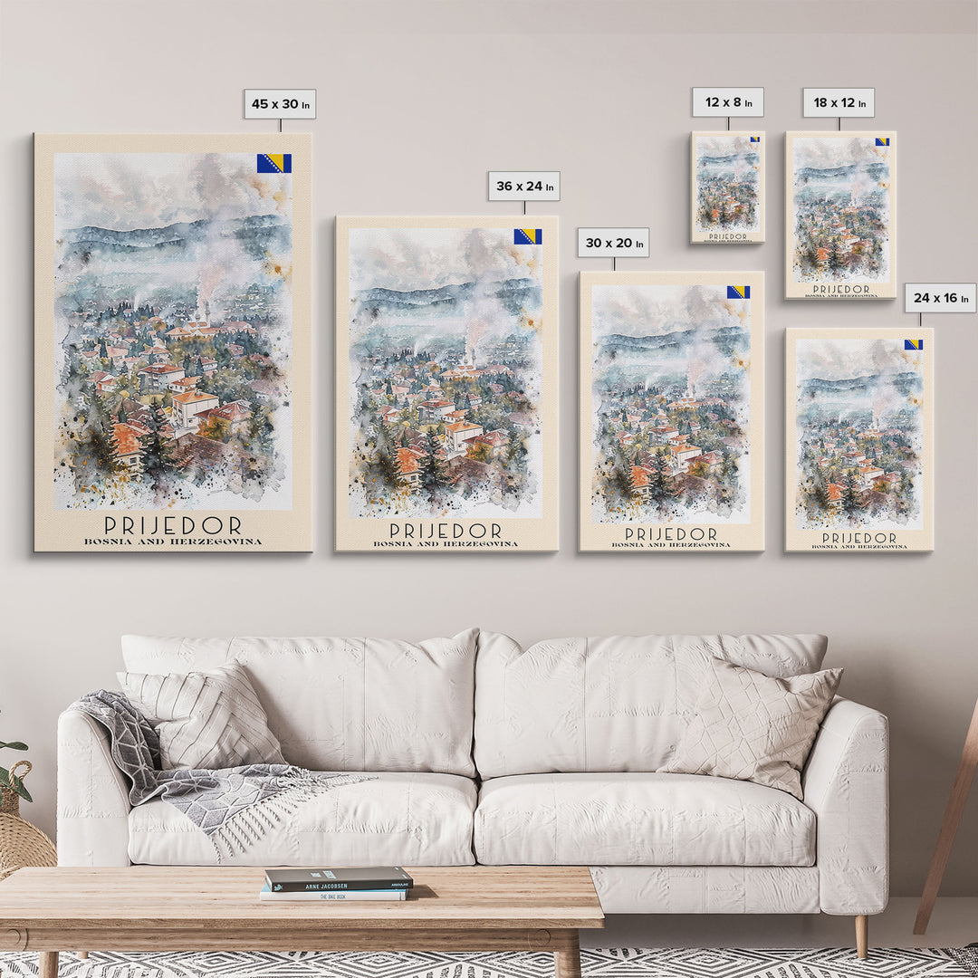 Prijedor Bosnia and Herzegovina Travel Poster Framed Canvas Print, Watercolor Painting, Scenic Wall Art, Home Decor, Bosnian Cityscape, Classic Art