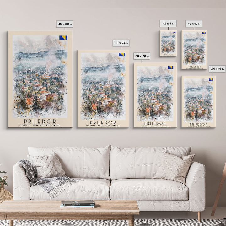 Prijedor Bosnia and Herzegovina Travel Poster Framed Canvas Print, Watercolor Painting, Scenic Wall Art, Home Decor, Bosnian Cityscape, Classic Art