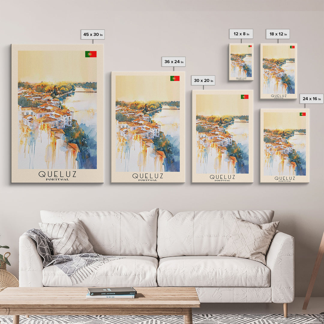 Queluz Portugal Travel Poster Framed Canvas Print, Watercolor Painting, Scenic Wall Art, Home Decor, Portuguese Landscape, Artistic Art