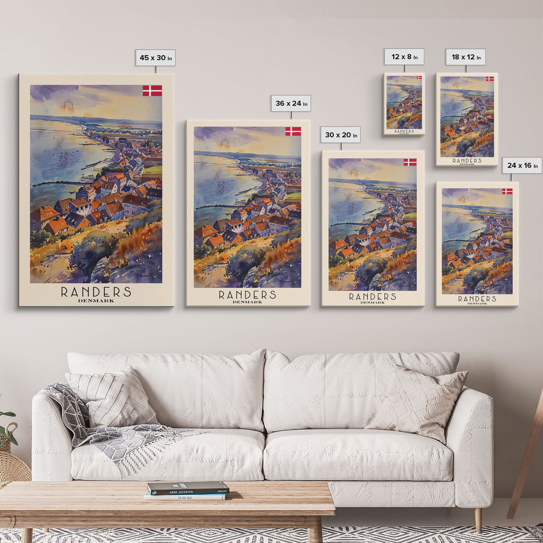 Randers Denmark Travel Poster Framed Canvas Print, Watercolor Painting, Scenic Wall Art, Home Decor, Danish Landscape, Classic Art