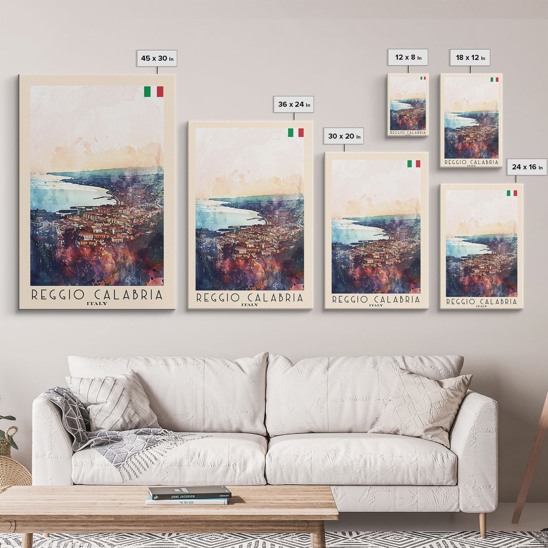 Reggio Calabria Italy Travel Poster Framed Canvas Print, Watercolor Painting, Coastal Wall Art, Home Decor, Italian Seaside, Vibrant Decor