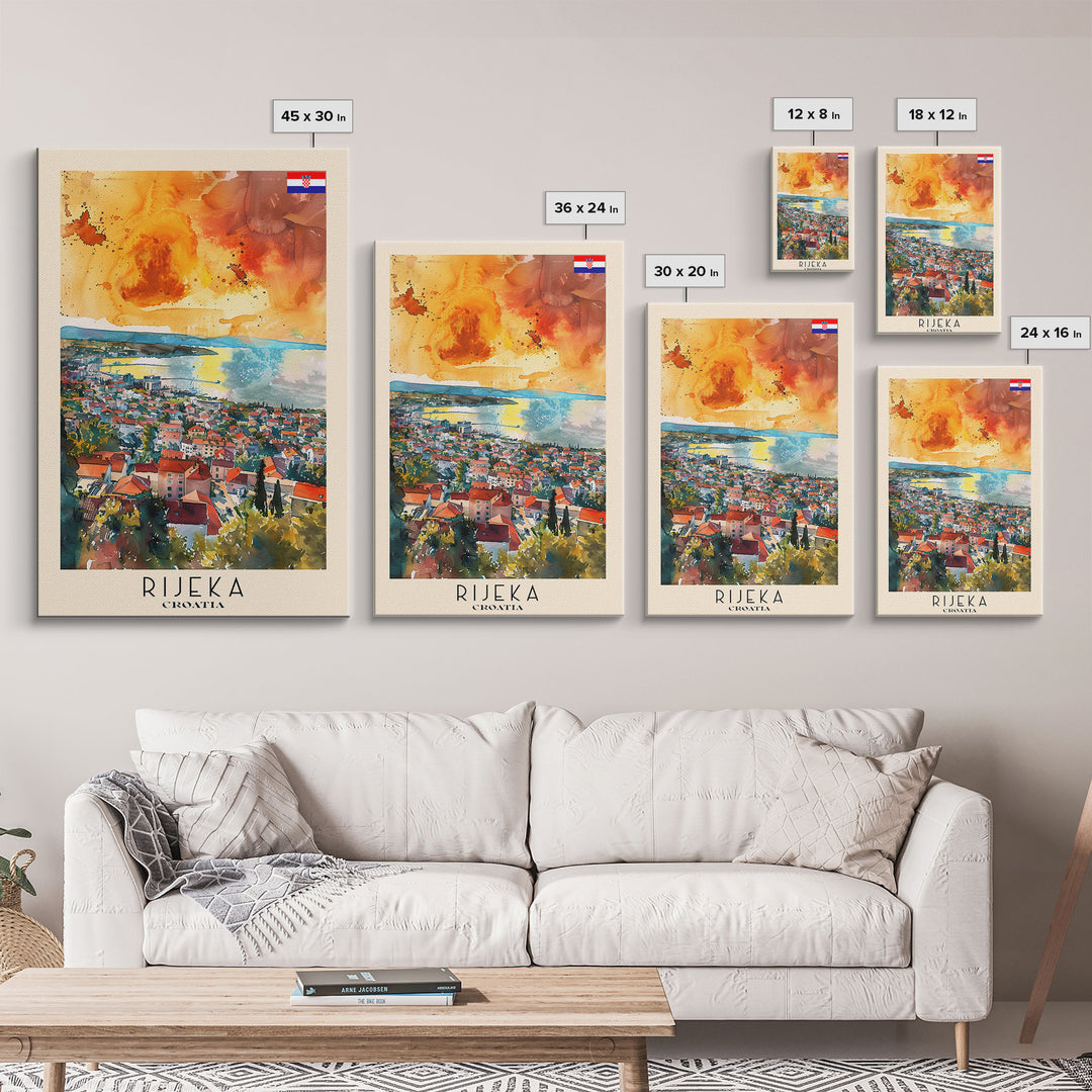 Rijeka Croatia Travel Poster Framed Canvas Print, Watercolor Painting, Coastal Wall Art, Home Decor, Croatian Seaside, Modern Art