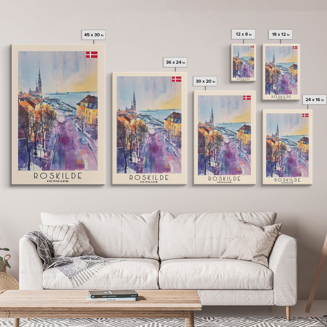 Roskilde Denmark Travel Poster Framed Canvas Print, Watercolor Painting, Scenic Wall Art, Home Decor, Danish Landscape, Modern Decor