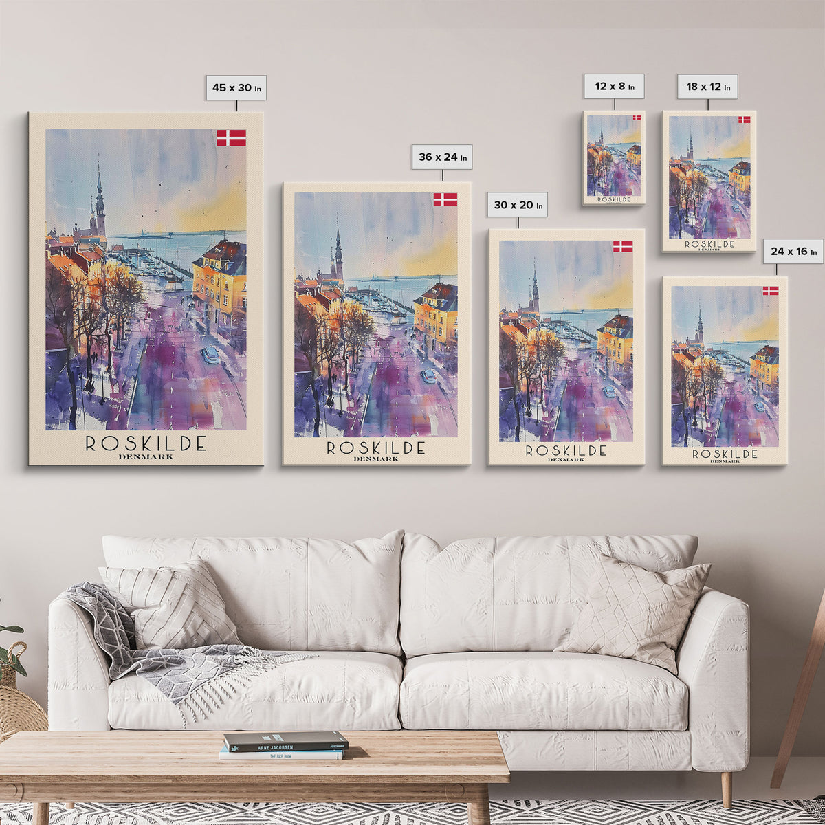 Roskilde Denmark Travel Poster Framed Canvas Print, Watercolor Painting, Scenic Wall Art, Home Decor, Danish Landscape, Modern Decor