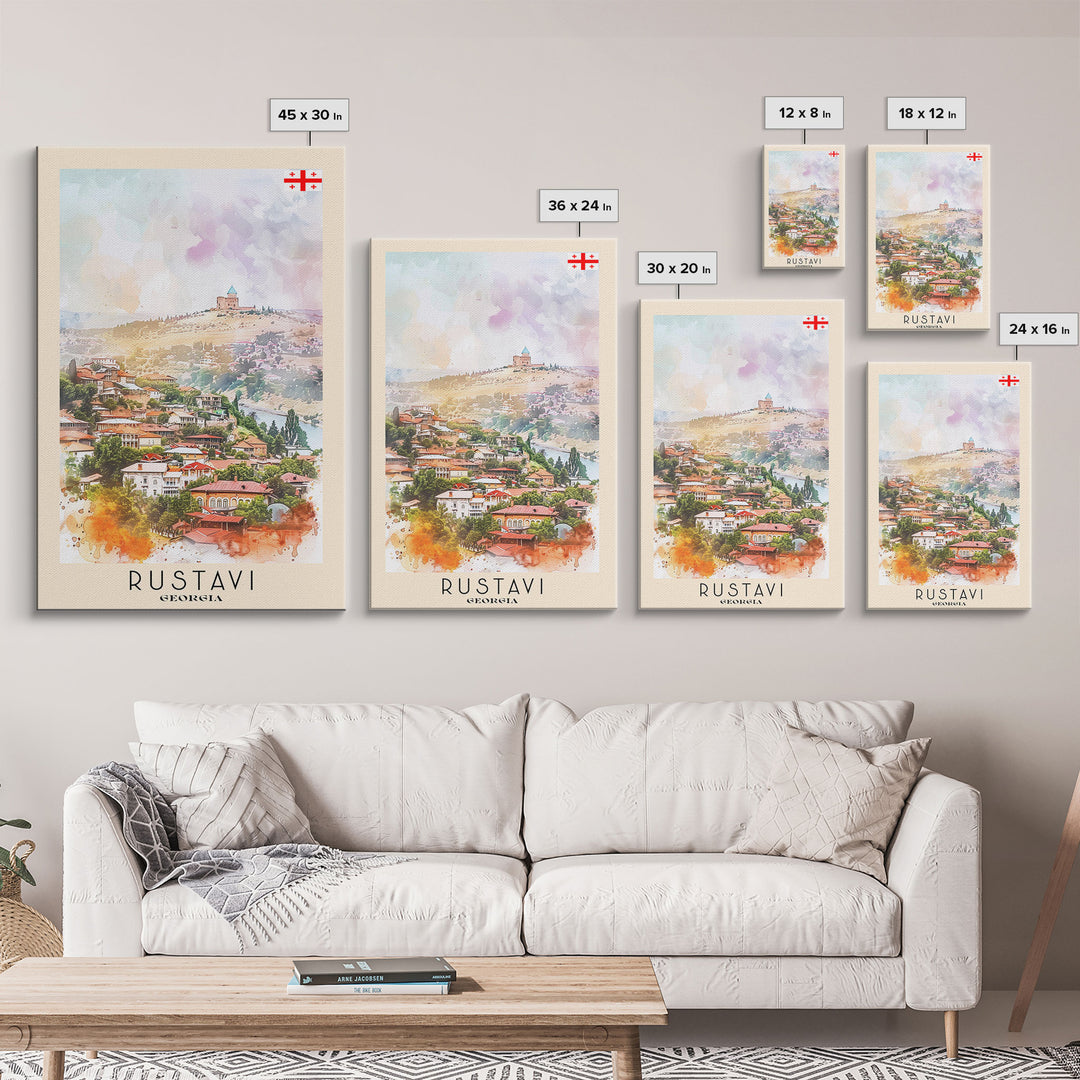 Rustavi Georgia Travel Poster Framed Canvas Print, Watercolor Painting, Scenic Wall Art, Home Decor, Georgian Landscape, Vibrant Decor