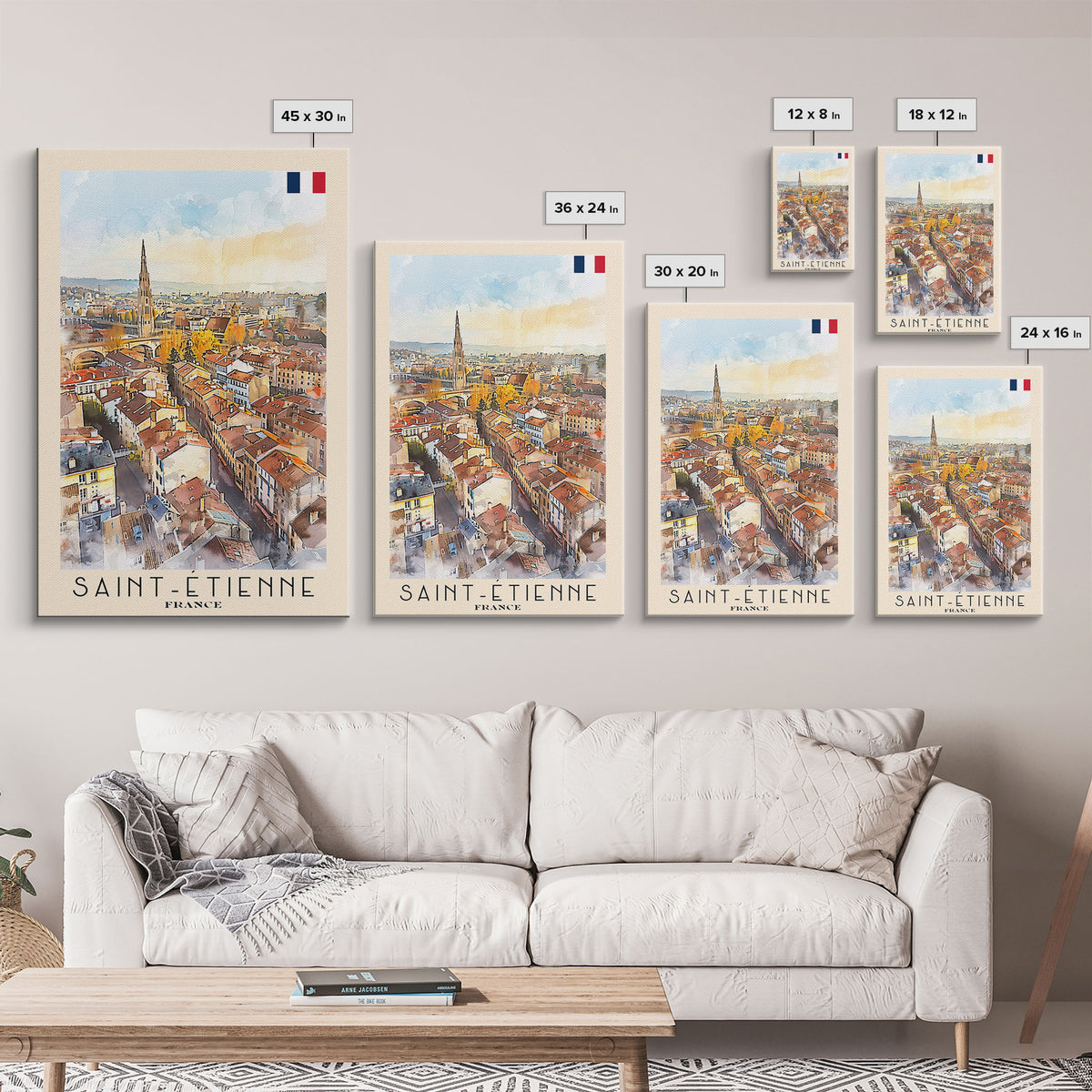 Saint Etienne France Travel Poster Framed Canvas Print, Watercolor Painting, Scenic Wall Art, Home Decor, French Cityscape, Classic Art