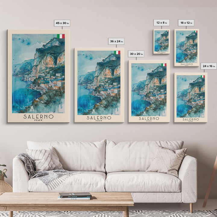 Salerno Italy Travel Poster Framed Canvas Print, Watercolor Painting, Coastal Wall Art, Home Decor, Italian Seaside, Modern Art