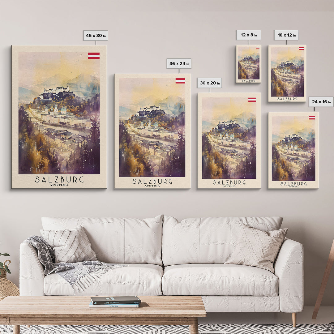 Salzburg Austria Travel Poster Framed Canvas Print, Watercolor Painting, Historic Wall Art, Home Decor, Austrian Architecture, Classic Decor