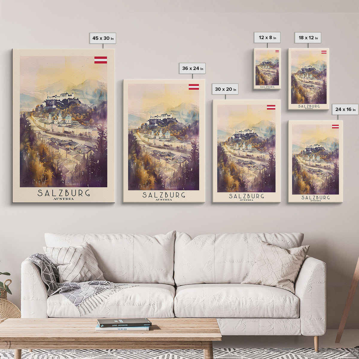 Salzburg Austria Travel Poster Framed Canvas Print, Watercolor Painting, Historic Wall Art, Home Decor, Austrian Architecture, Classic Decor